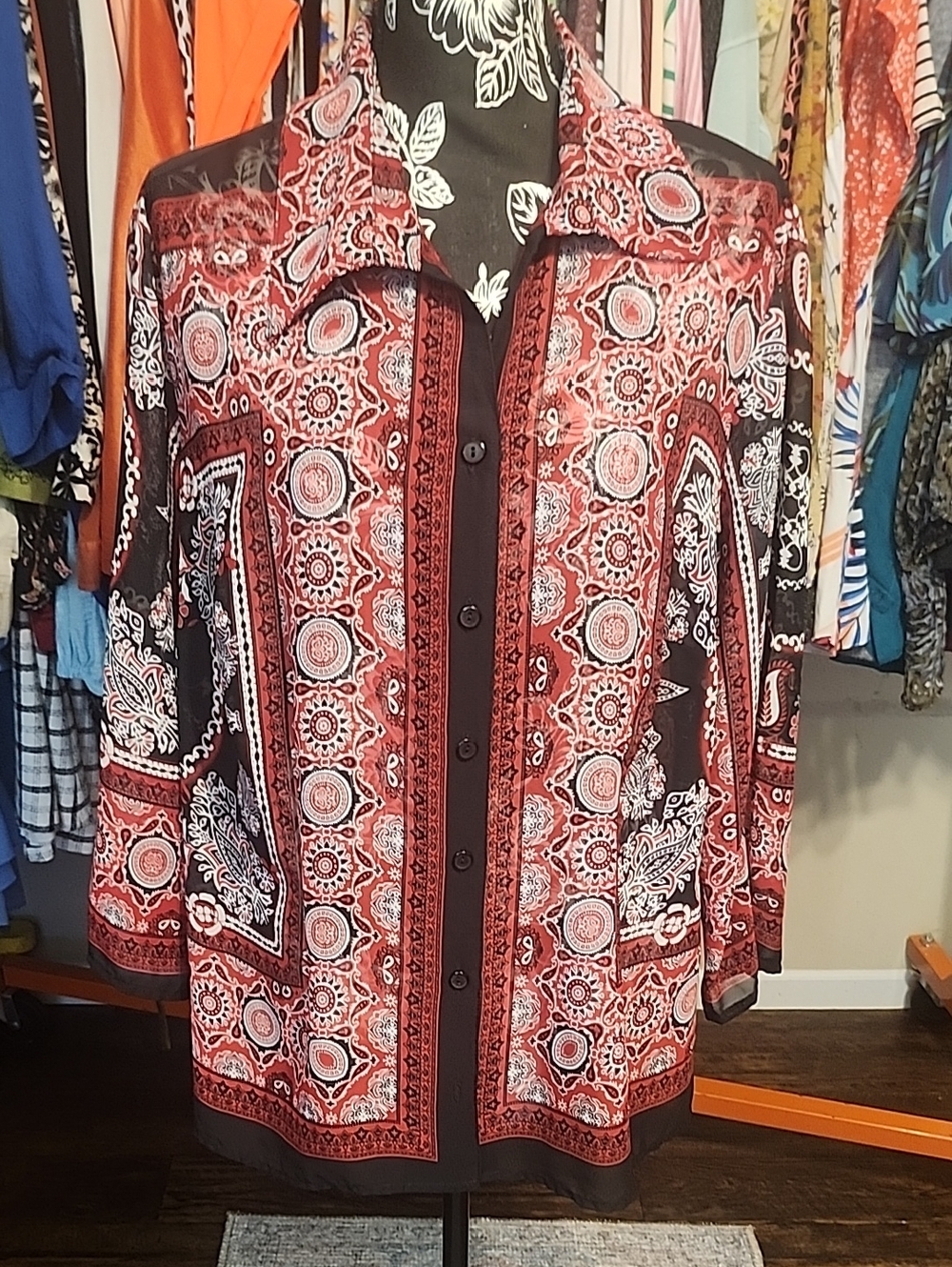 Notations Red and Black Printed Button-Down Blouse